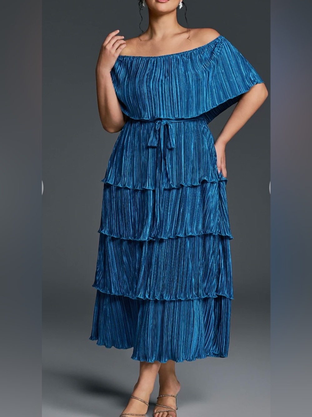 Off-Shoulder Tiered Pleated Maxi Dress in Cobalt - Picture 3 of 5
